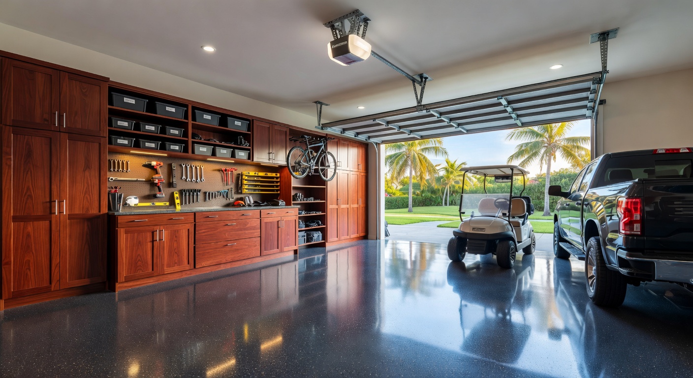 Technician training a Naples homeowner on new smart garage door features using tablet, friendly interaction, natural indoor lighting, photorealistic 8K