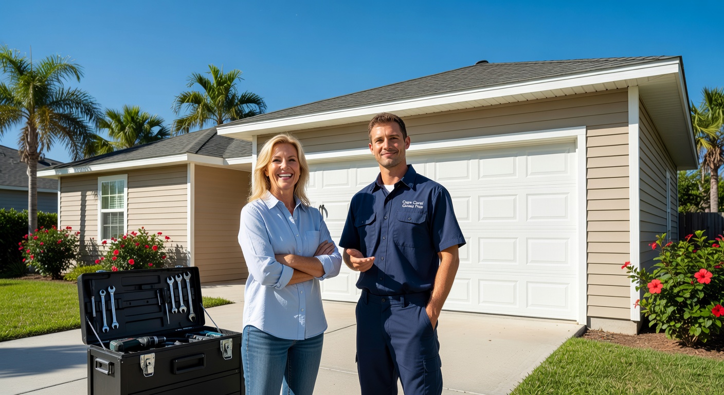 Happy Cape Coral homeowner standing in front of newly repaired garage door with technician, both smiling, freshly painted house exterior, bright Florida sunshine, 8K resolution