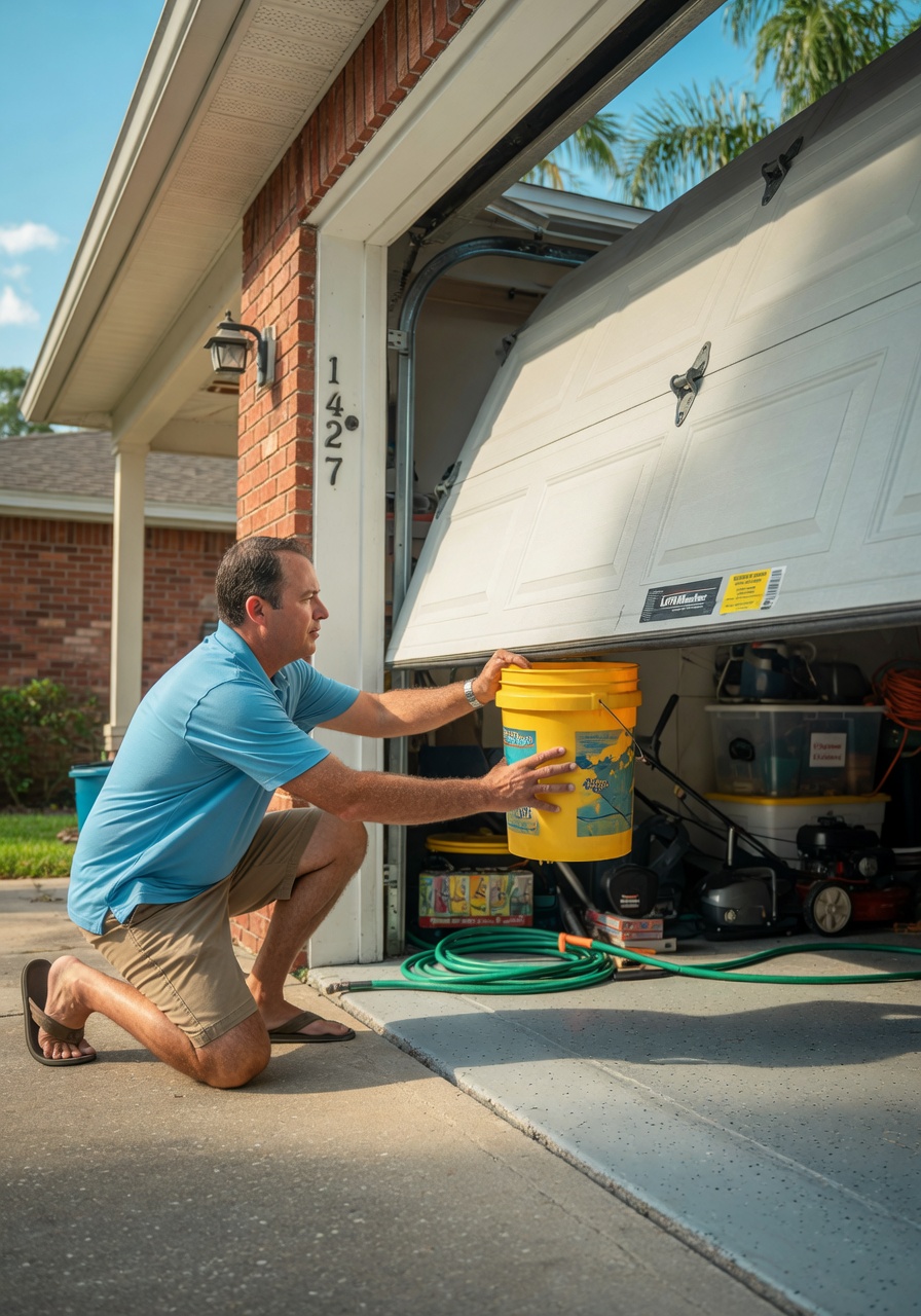 Florida homeowner performing monthly garage door safety test by placing object under closing door, realistic action photo with proper technique