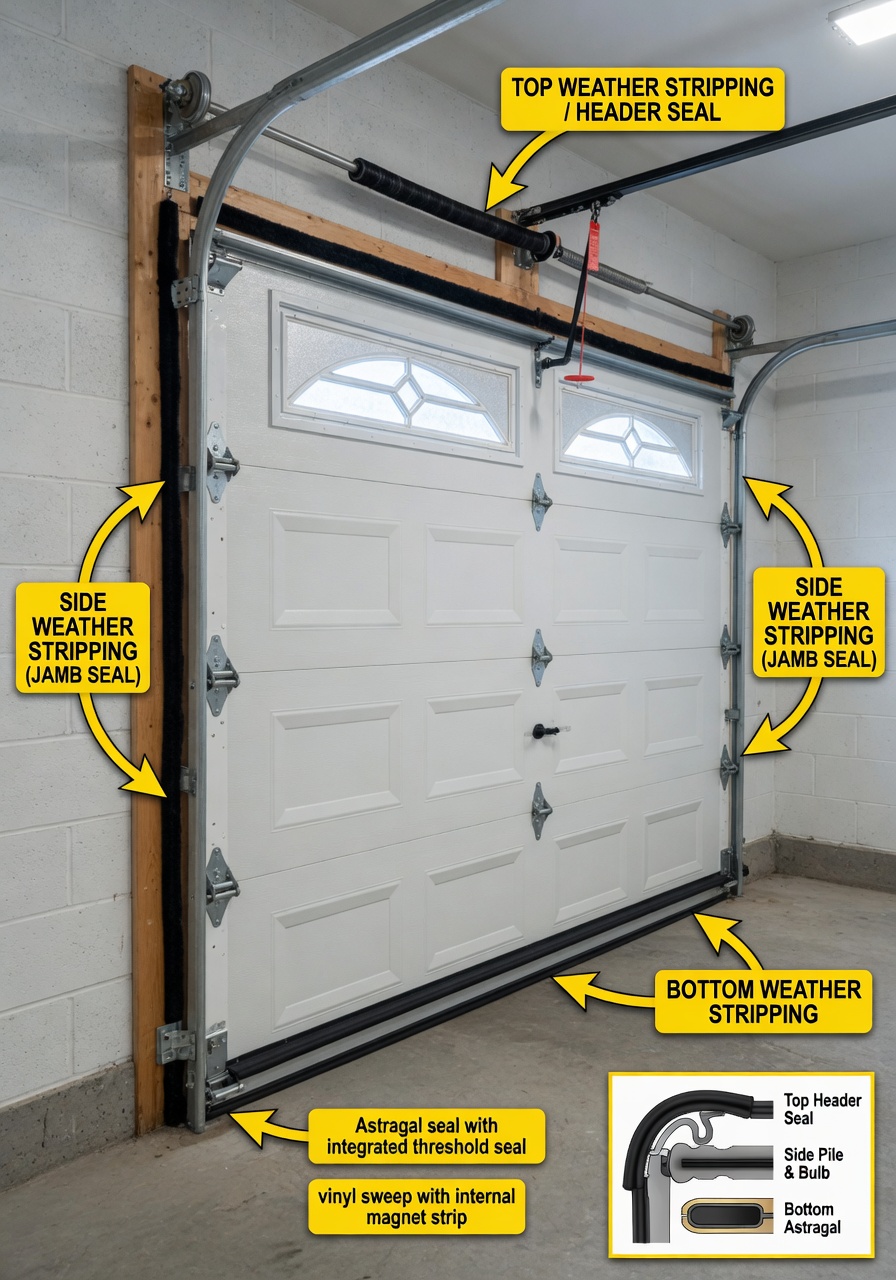 Professional 8K photograph of a complete garage door system highlighting all weather stripping locations (top, sides, and bottom) with educational callouts and arrows
