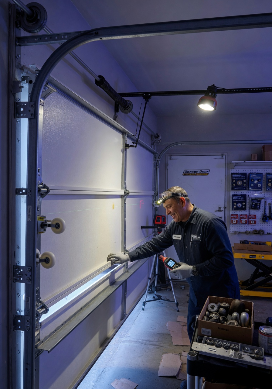 Ultra-realistic 8K image of a technician testing a garage door after nylon roller replacement, checking for smooth and quiet operation, professional setting