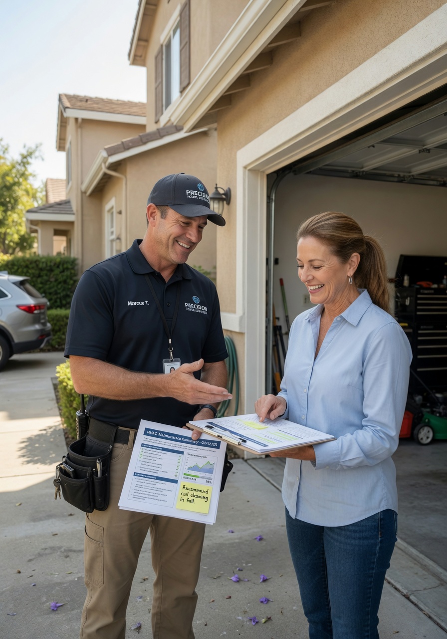 Customer receiving maintenance report from technician at their home, both smiling, professional interaction, natural outdoor lighting near garage, photorealistic 8K