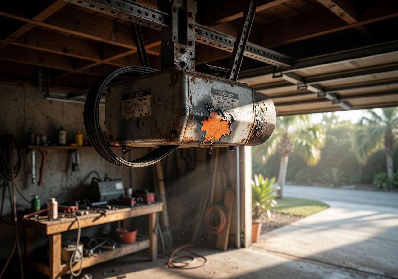 Close-up 8K image of a noisy garage door opener motor showing signs of overheating and wear in a hot Florida garage environment, dramatic side lighting, photorealistic