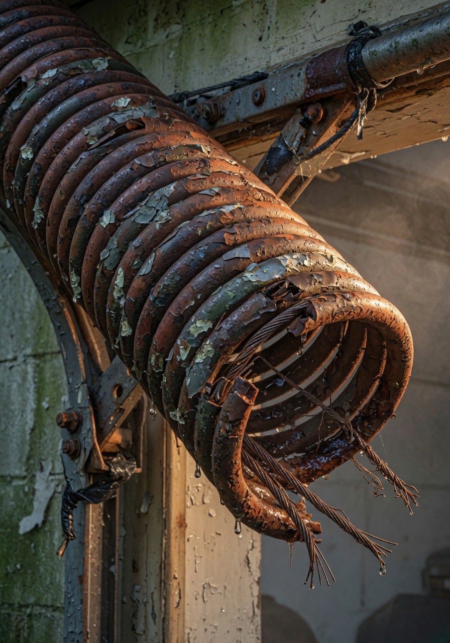 Close-up ultra-realistic 8K image of a rusty broken torsion spring on a garage door in humid Florida conditions, detailed metal texture and corrosion visible