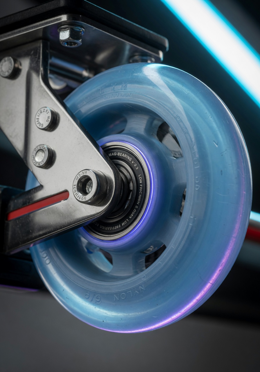 Ultra-realistic 8K close-up of a modern nylon garage door roller with magnetic bearing technology, showing translucent blue nylon wheel and precision engineering, studio lighting