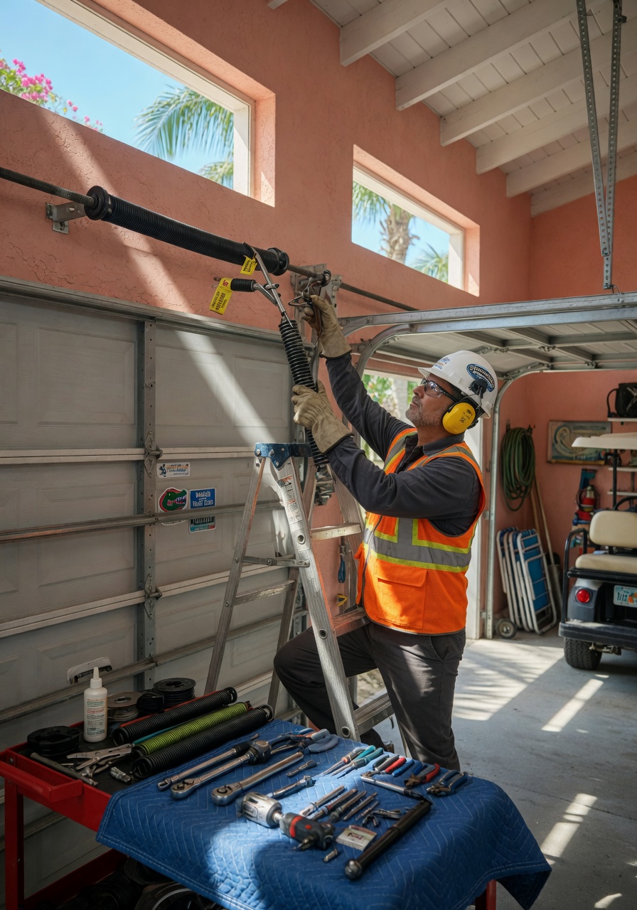 Professional technician carefully replacing a garage door spring in a Naples Florida garage, wearing safety gear, tools neatly arranged, bright morning light, photorealistic 8K
