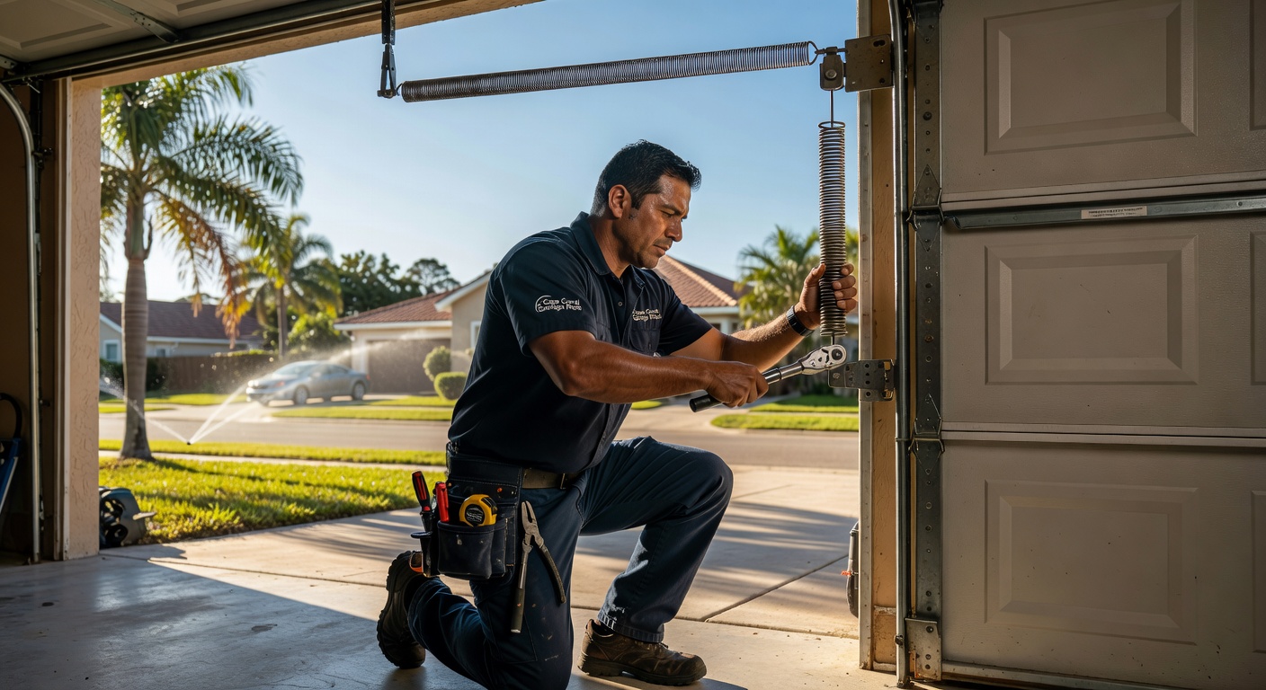 Professional technician in uniform repairing a garage door in Cape Coral home, using specialized tools, realistic details, natural daylight coming through open garage