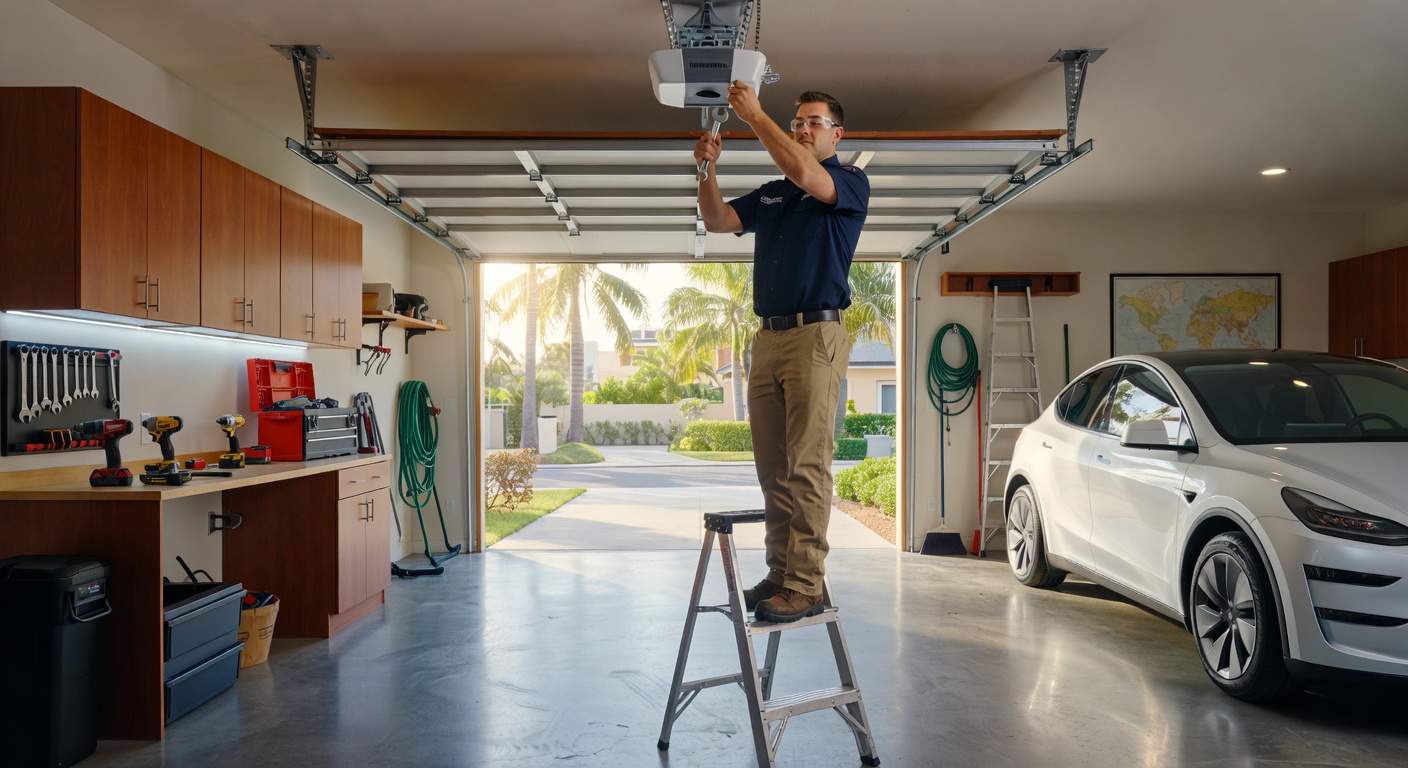 Professional technician in uniform repairing a LiftMaster garage door opener in a clean Naples FL residential garage, tools neatly arranged, realistic 8K detail