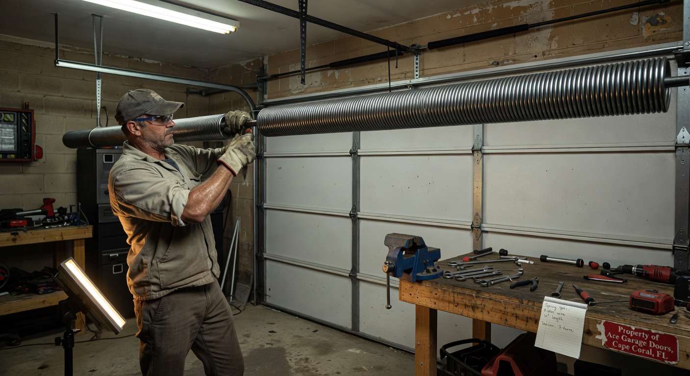 Professional technician performing garage door spring repair in a Cape Coral garage, wearing safety equipment, tools neatly arranged, realistic workshop lighting, 8K ultra detailed