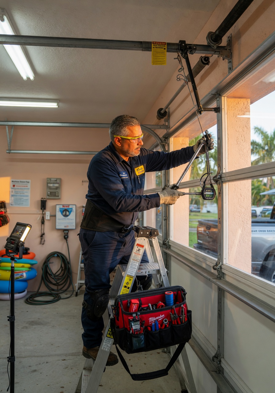 Professional technician in uniform safely repairing a garage door in Cape Coral, wearing safety glasses, using proper tools, realistic workshop lighting, 8K detail
