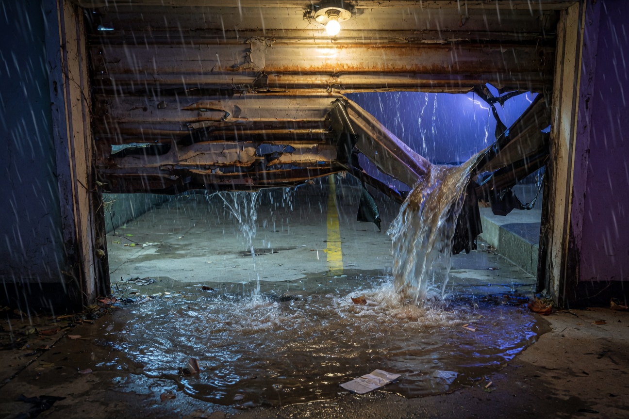 Photorealistic 8K image of water leaking under an old worn garage door with damaged weather stripping during heavy rain, dramatic lighting, water pooling on garage floor
