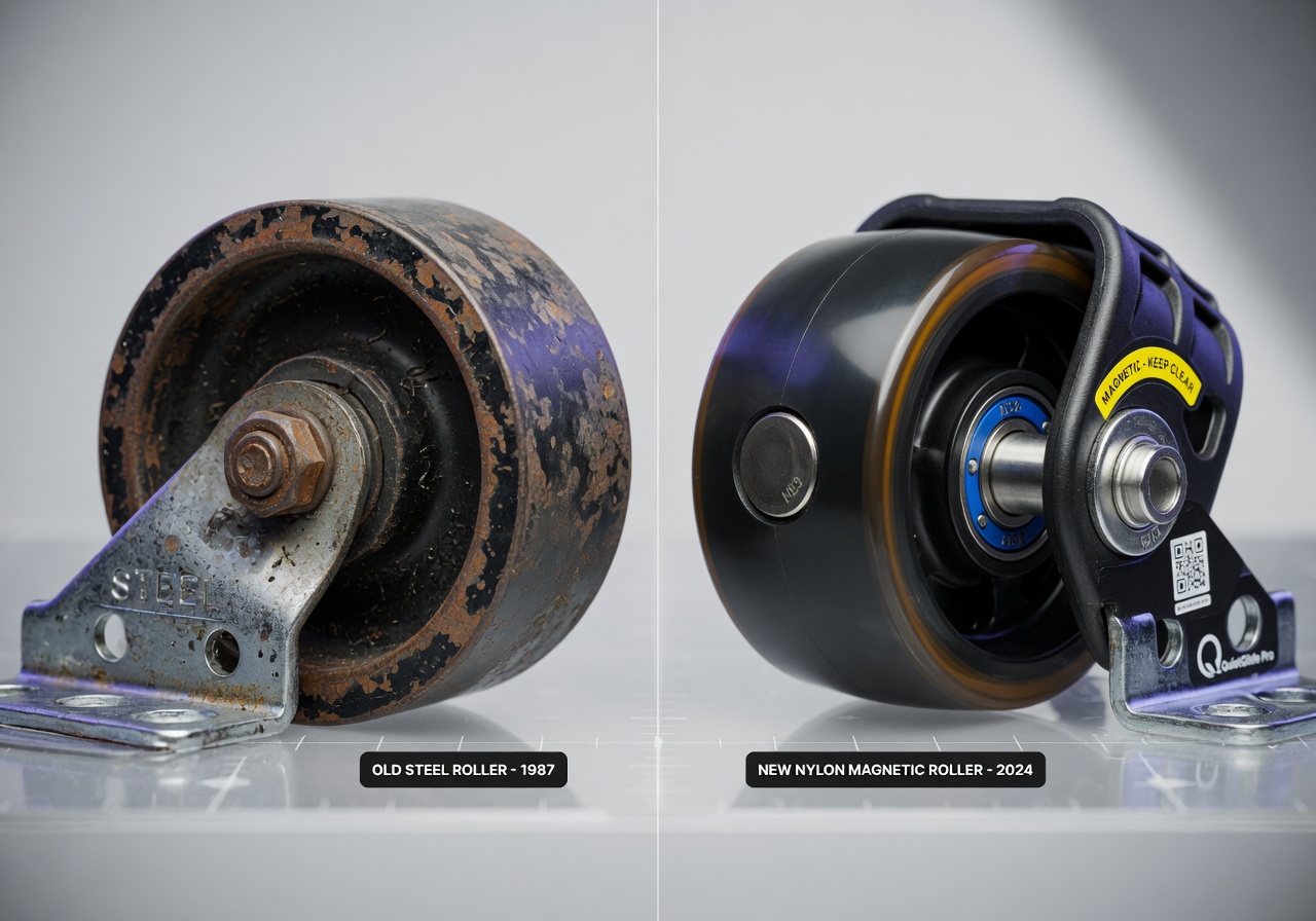 Ultra-realistic 8K side-by-side comparison of old steel garage door roller next to new nylon magnetic roller, clean background, technical product photography style