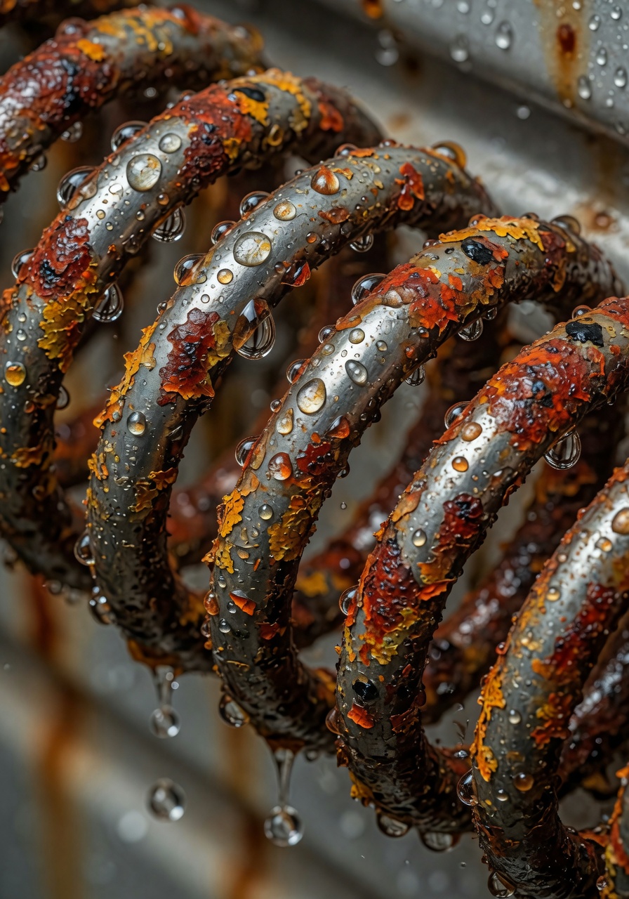 Extreme close-up of corroded garage door extension spring covered in orange rust due to Florida humidity, water droplets visible, macro photography, ultra-detailed 8K