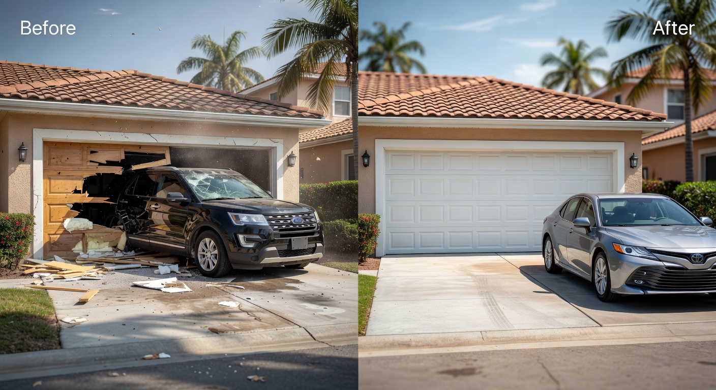 Before and after split image showing a damaged vs repaired garage door on a Florida home, ultra-realistic 8K, natural lighting