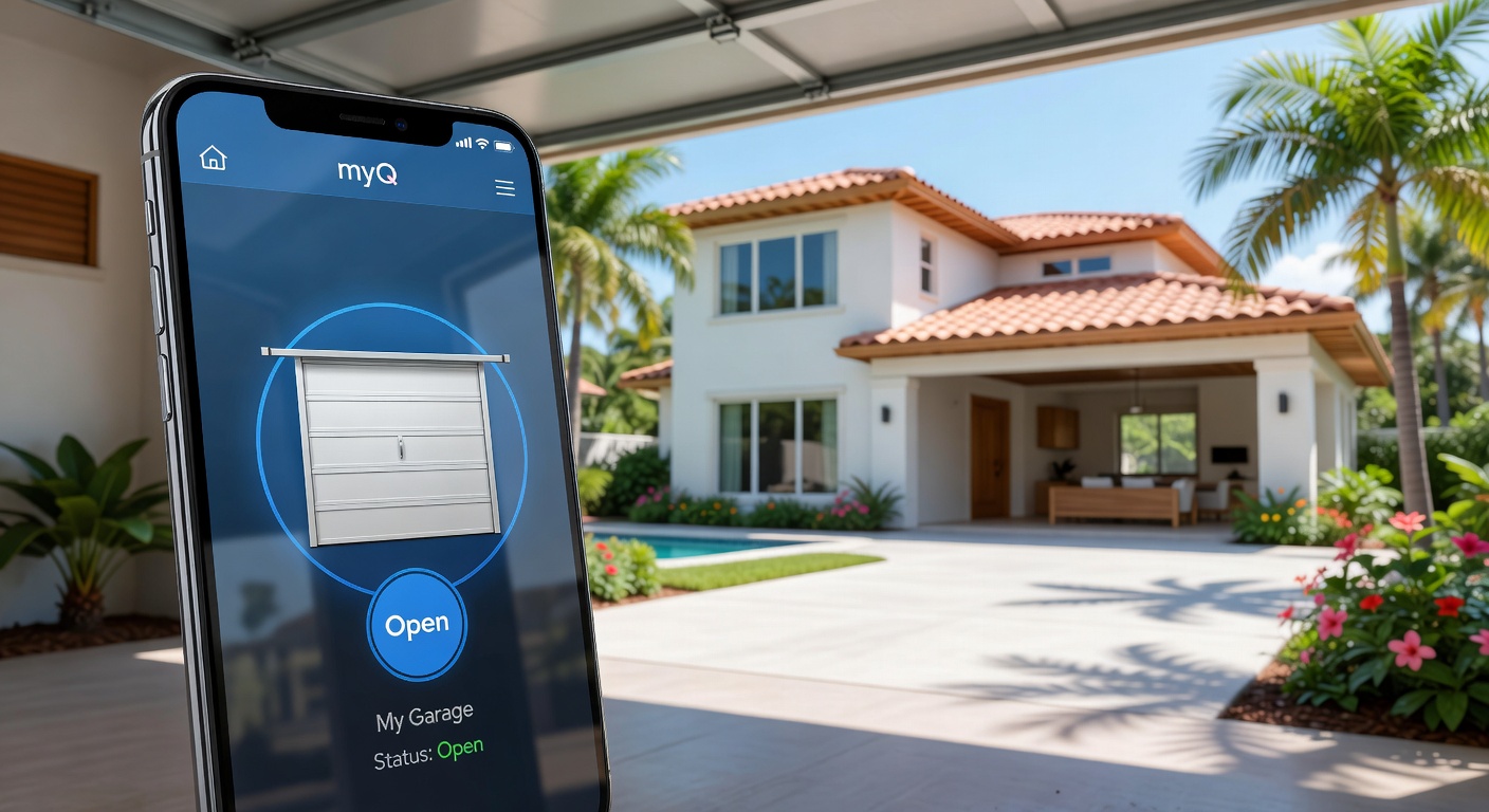 Smartphone displaying the myQ app controlling a garage door with modern SWFL home visible through open garage, bright daylight, ultra realistic 8K