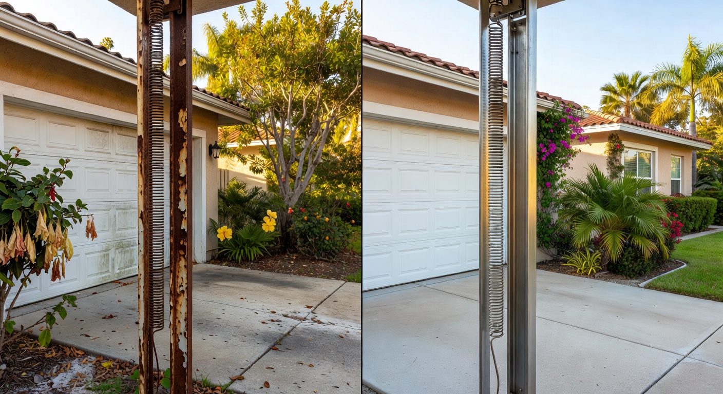 Before and after split image showing heavily corroded garage door tracks on left and freshly cleaned and lubricated tracks on right, Southwest Florida setting, photorealistic 8K