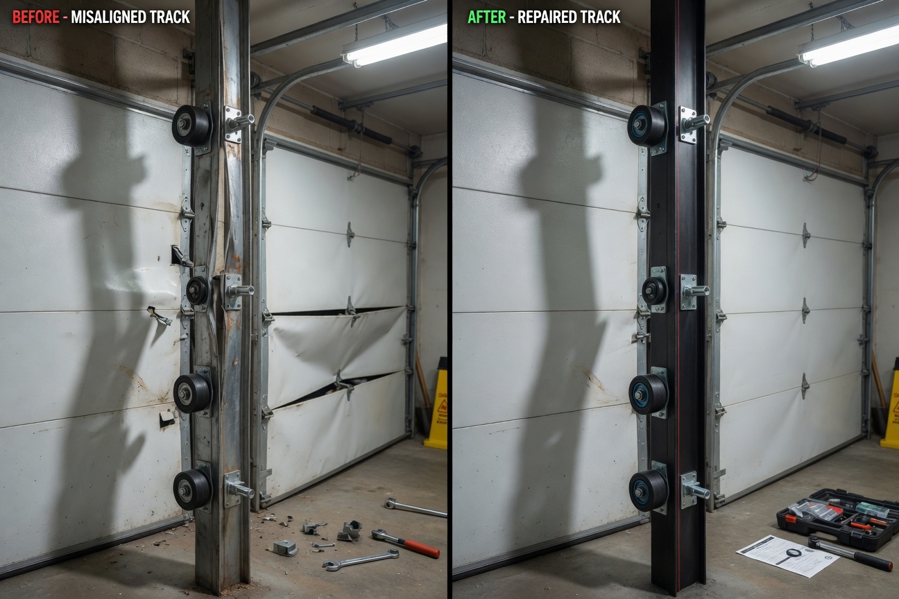 Before and after split image showing a misaligned garage door track versus a perfectly repaired track, ultra-realistic 8K photography