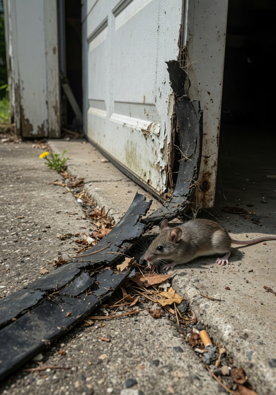 Ultra-detailed 8K photograph of a mouse attempting to enter a garage through a gap in deteriorated weather seal at the bottom of a white garage door, natural outdoor lighting