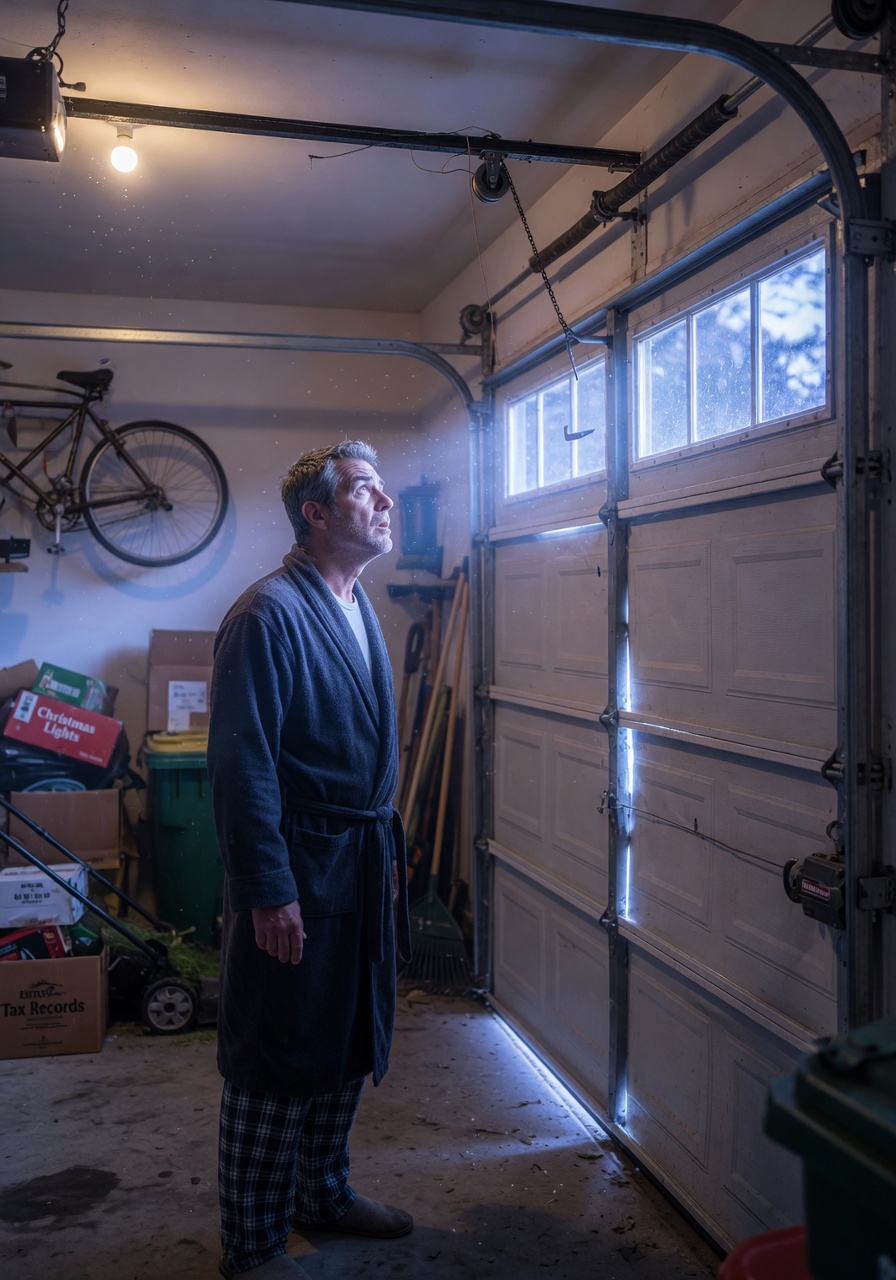 Ultra-realistic 8K image of a homeowner looking at a noisy rattling garage door, concerned expression, early morning light coming through garage, photorealistic