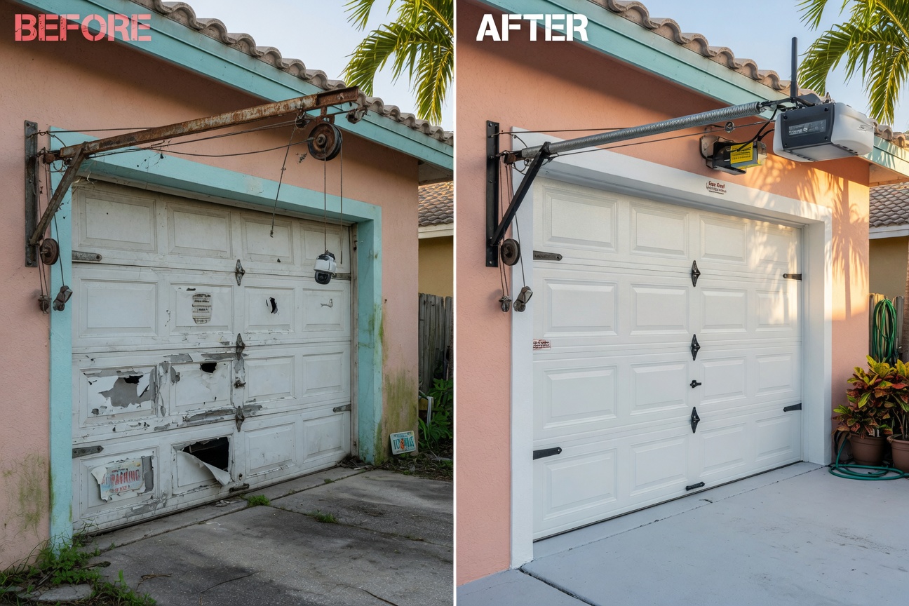 Before and after split image showing a neglected versus perfectly maintained garage door system in a Cape Coral home, realistic lighting and shadows, 8K resolution
