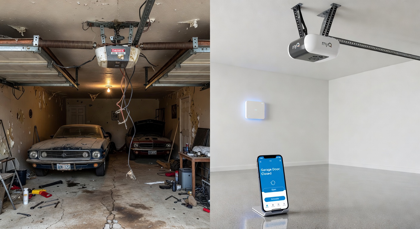 Before and after split image showing old failing garage door opener versus new smart myQ system installed in Bonita Springs home, 8K photorealistic