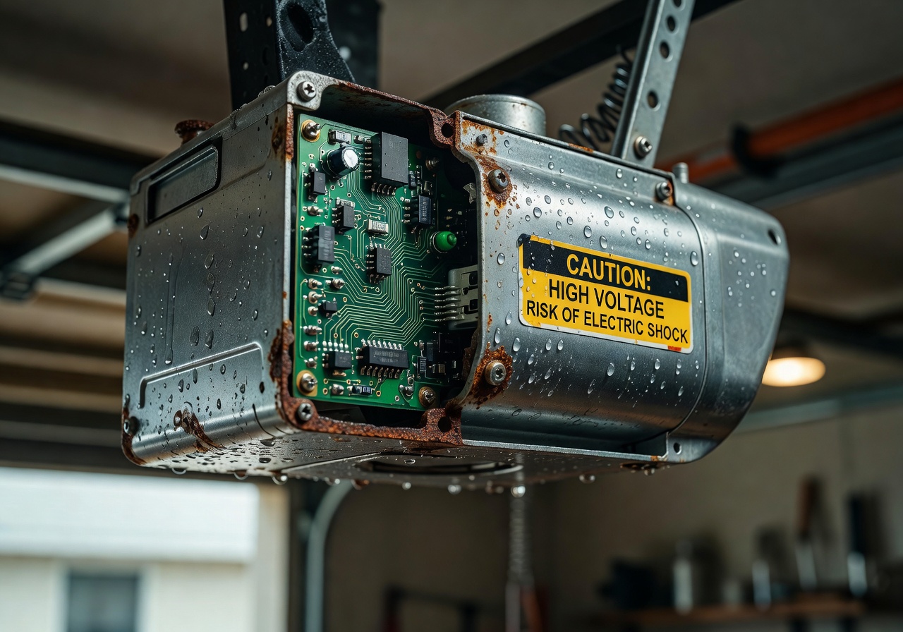 Garage door opener motor with visible condensation and early corrosion on circuit board due to Florida humidity, macro photography style, ultra realistic 8K