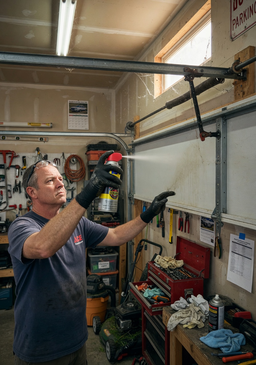 Homeowner attempting DIY garage door lubrication with spray can, wearing gloves, realistic suburban garage interior with tools visible, 8K resolution