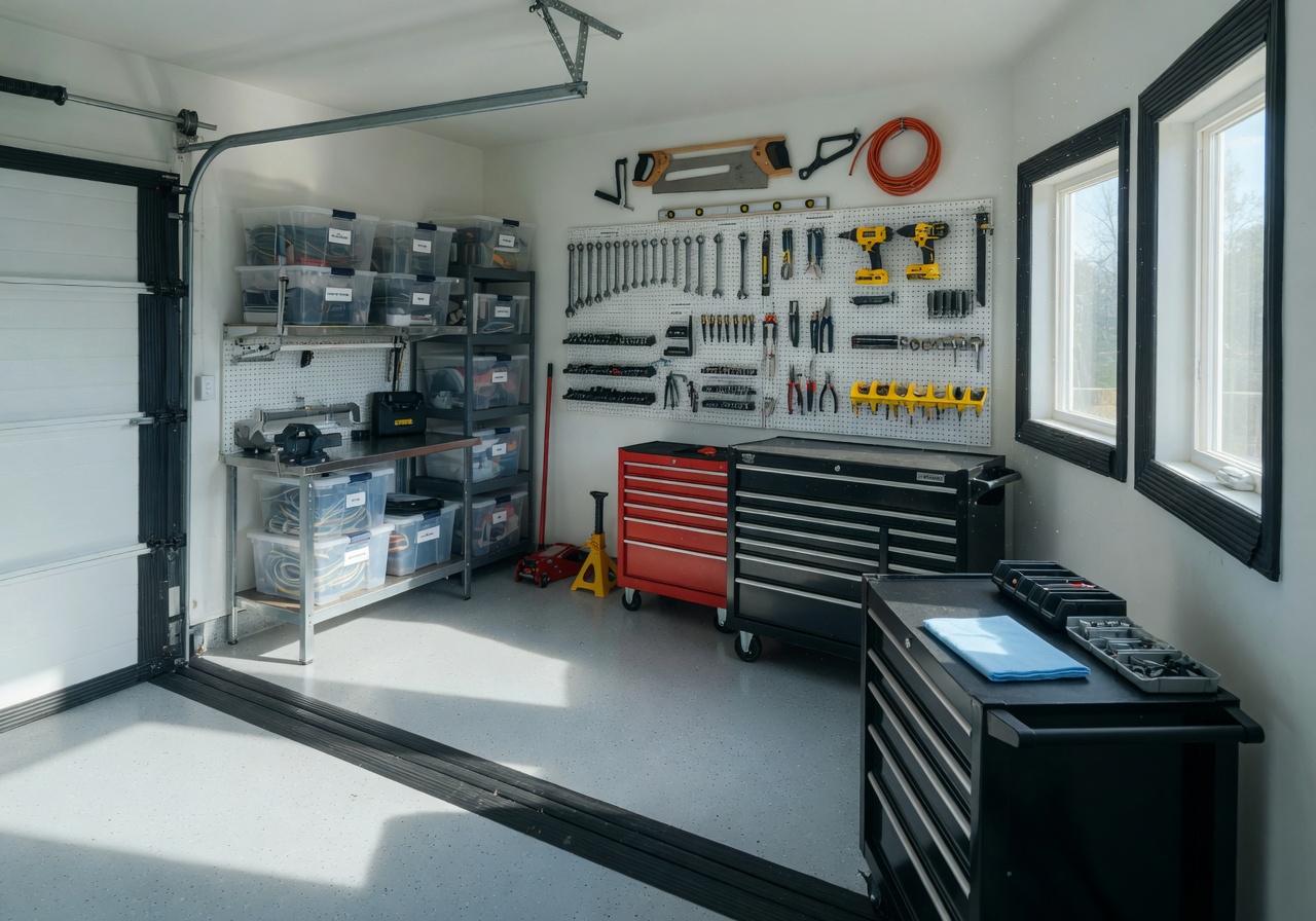 8K cinematic image of a clean, organized garage interior with new weather stripping preventing dust and debris, tools neatly organized on walls, bright natural light coming through windows