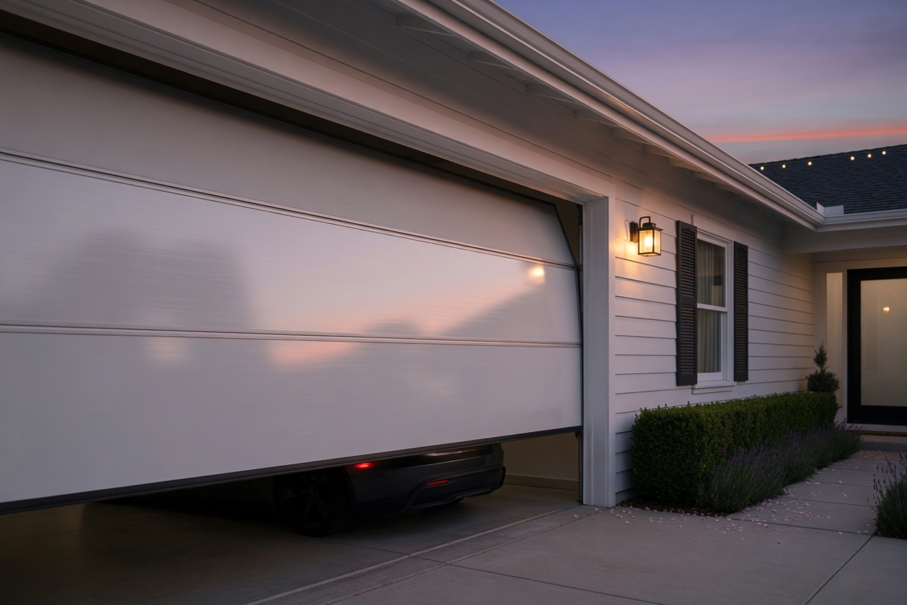 Ultra-realistic 8K photograph of a smooth, quiet modern garage door operating silently, motion blur on door, peaceful suburban home exterior at dusk