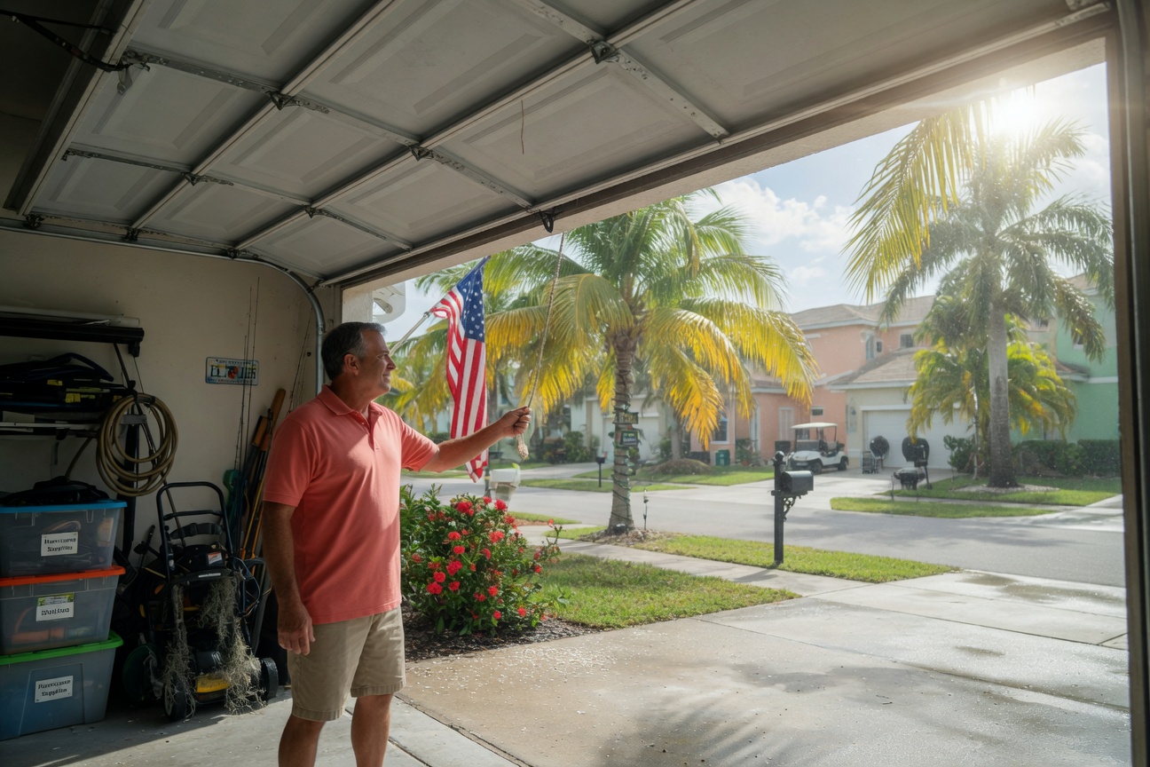 Southwest Florida homeowner opening a perfectly balanced garage door on a sunny humid day with palm trees visible outside, cinematic composition, photorealistic 8K