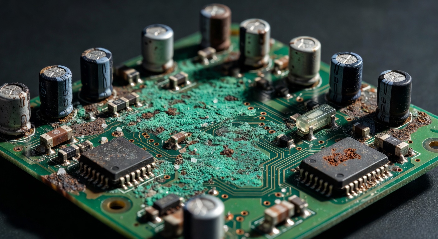 Damaged circuit board from garage door opener covered in corrosion due to Florida humidity and salt air, extreme macro detail, 8K resolution