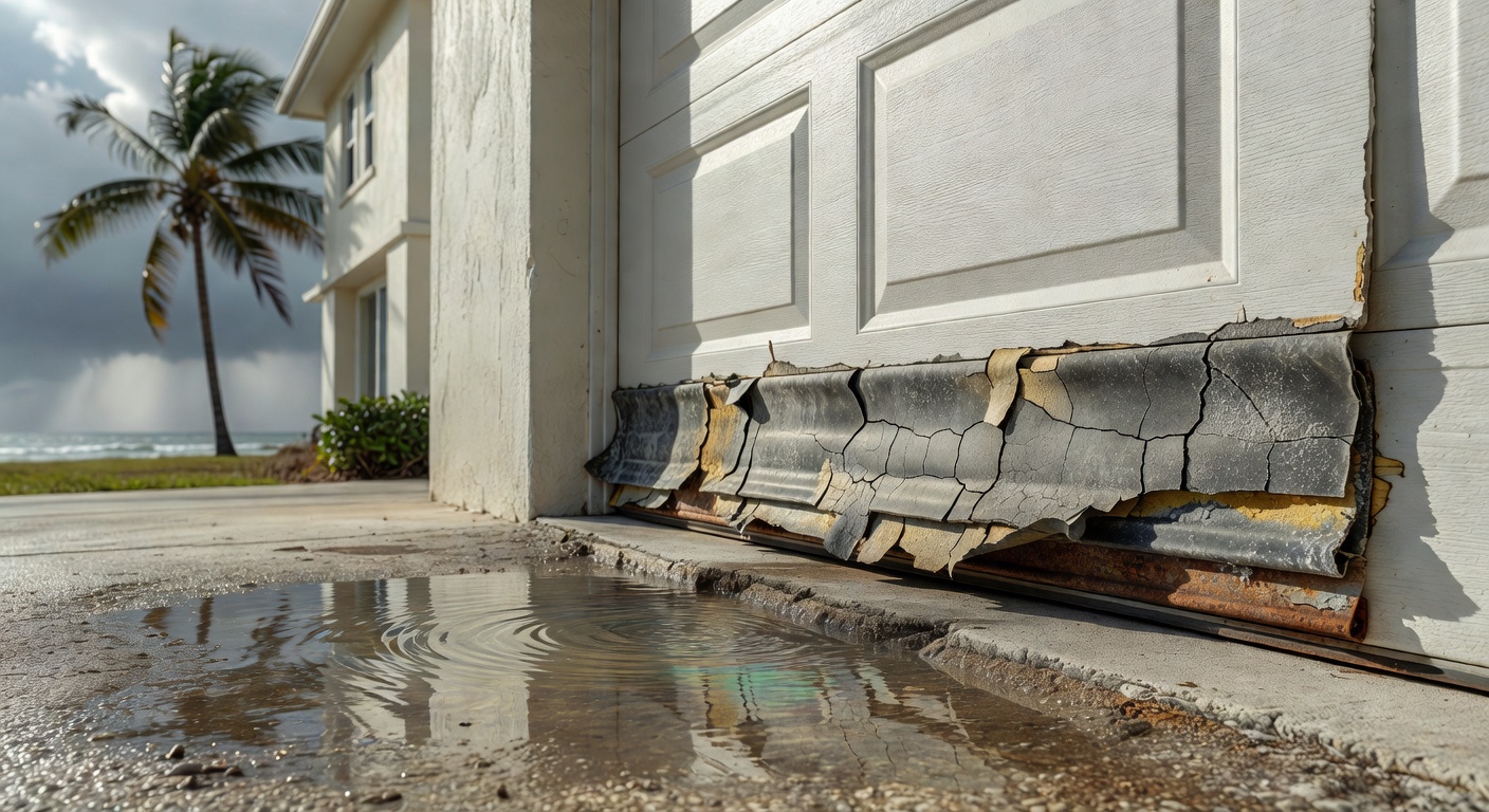 Damaged weather seal at bottom of garage door with cracking rubber from UV and salt exposure, water pooling on concrete floor, realistic Cape Coral home exterior, 8K