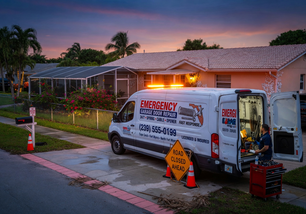 Emergency garage door repair service van parked in a Cape Coral driveway at dusk with company branding, realistic Florida residential setting