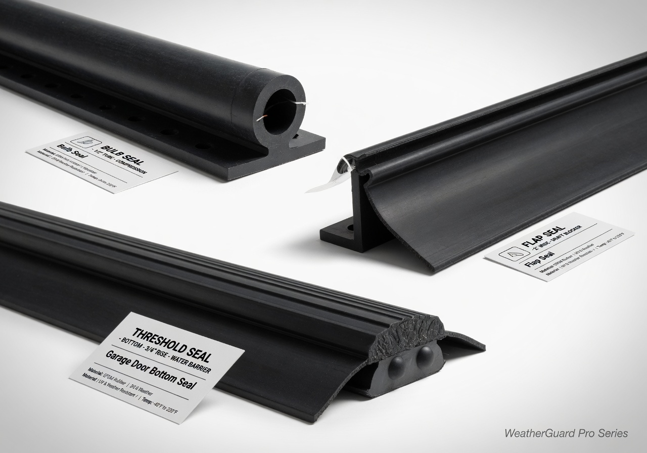 Professional 8K product photography of various types of garage door weather stripping including bulb seal, flap seal, and threshold seal arranged on clean white background with labels