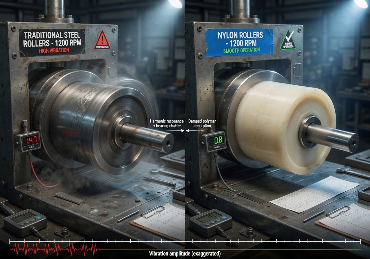 Ultra-realistic 8K image showing vibration patterns of traditional steel rollers versus smooth operation of nylon rollers, technical diagram style with realistic textures