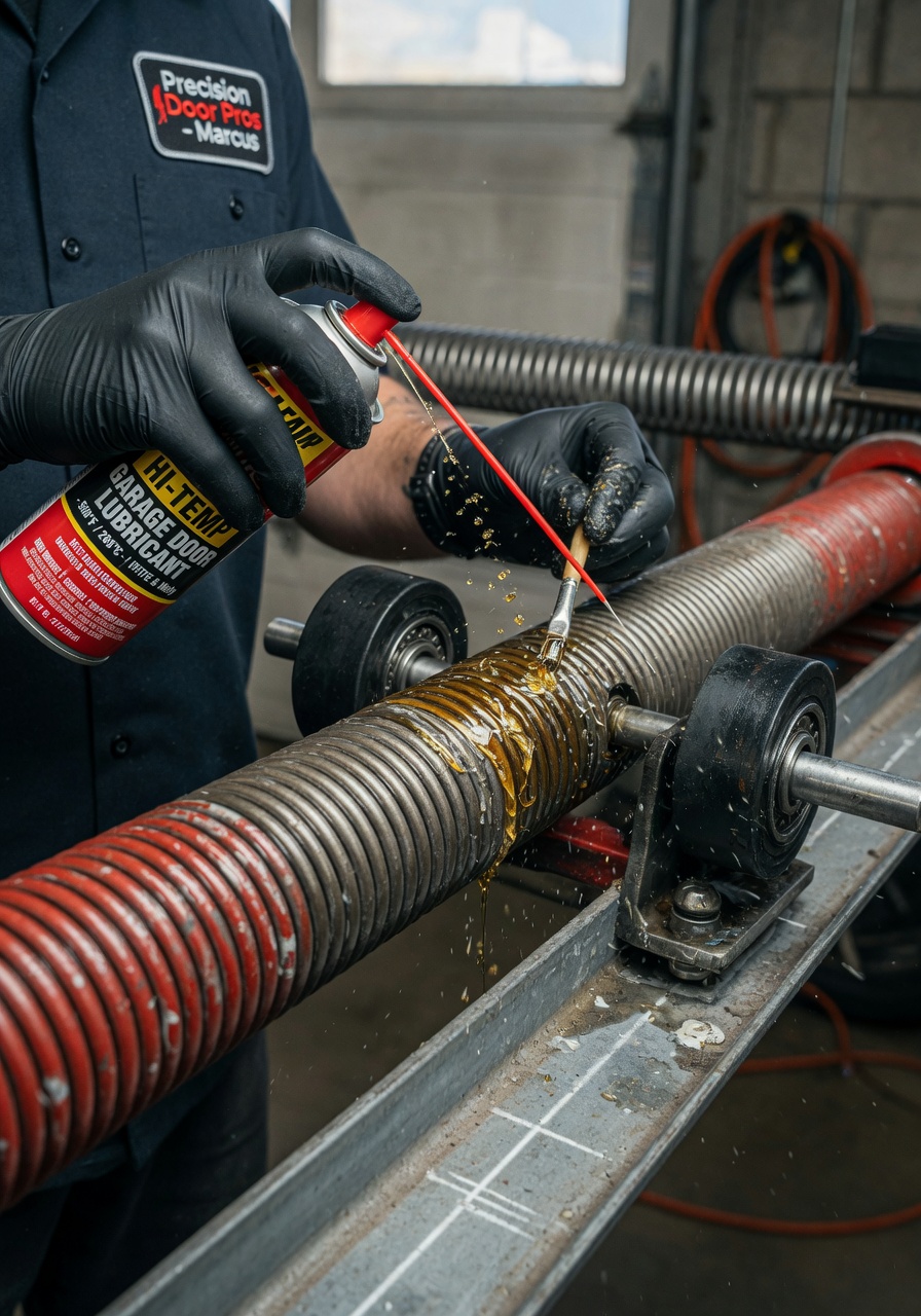 High-temperature lubricant being professionally applied to garage door springs and rollers by a technician, close-up detail, realistic textures and lighting, 8K