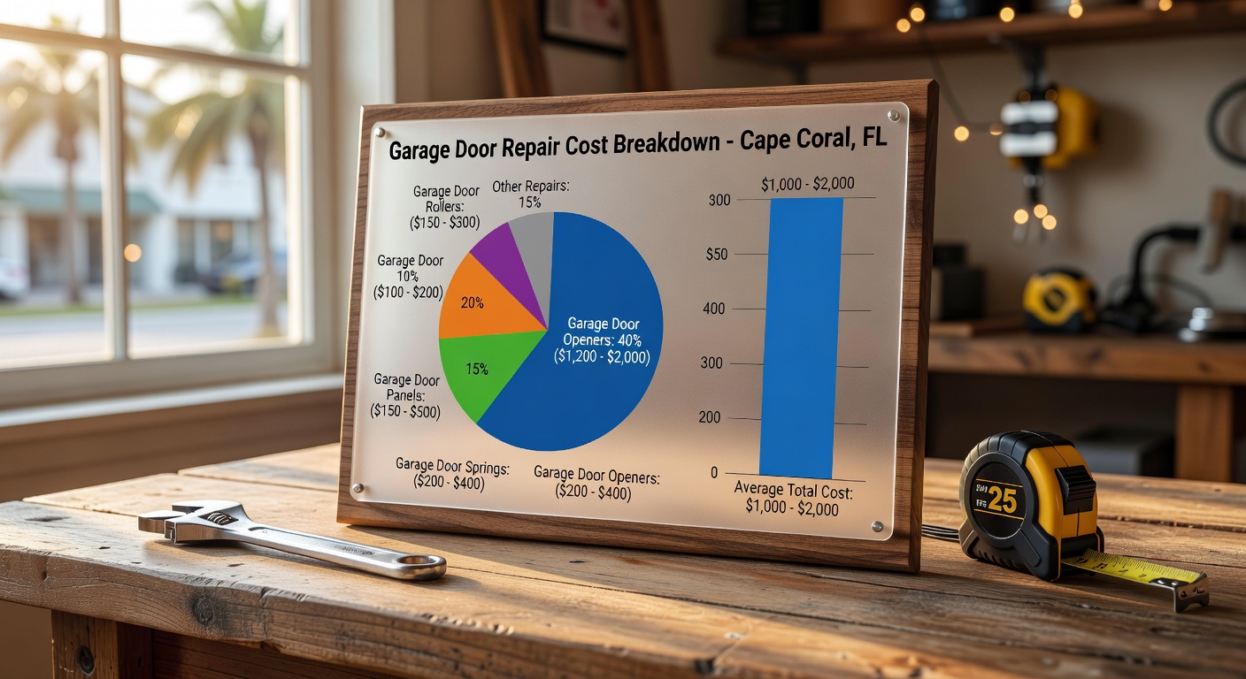 Infographic style but photorealistic image showing average cost breakdown for garage door repairs in Cape Coral Florida, clean design with realistic elements