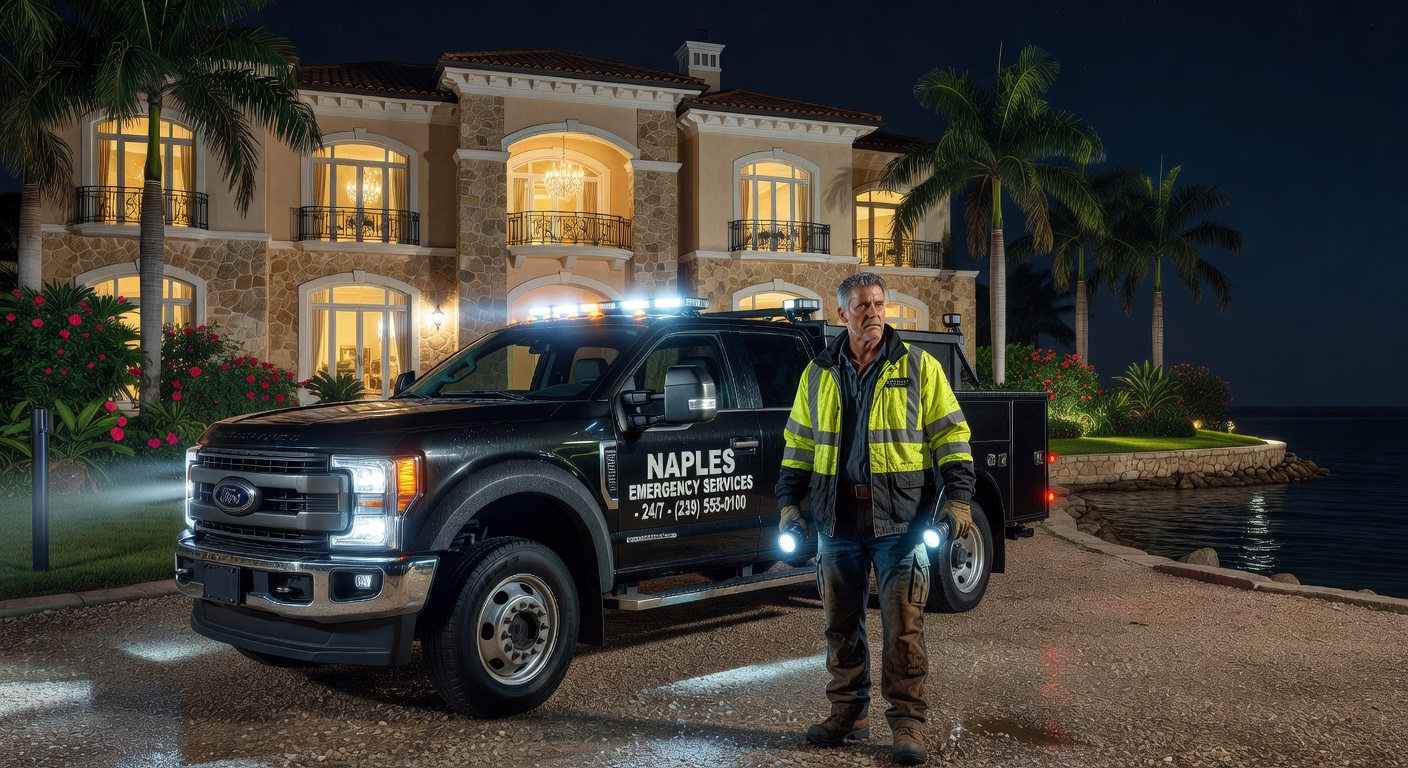 24/7 emergency service technician arriving at luxury Naples waterfront home at night with truck and equipment, dramatic cinematic lighting, ultra realistic