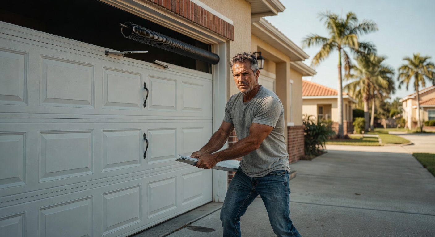Homeowner attempting to manually lift a heavy garage door with broken spring, concerned expression, suburban Southwest Florida home, natural daylight, photorealistic