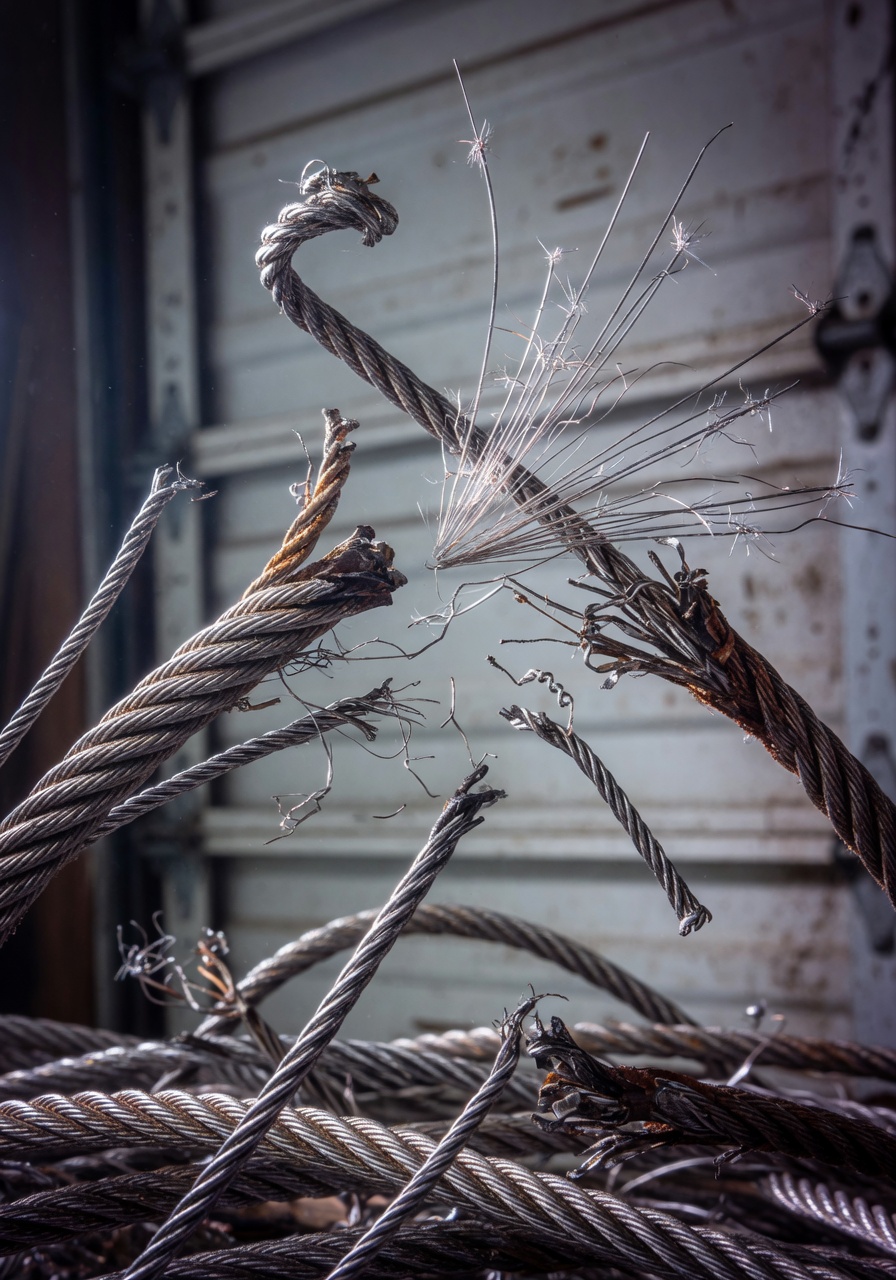 Detailed 8K macro shot of frayed steel garage door cables that have snapped, dramatic lighting highlighting the dangerous broken wires