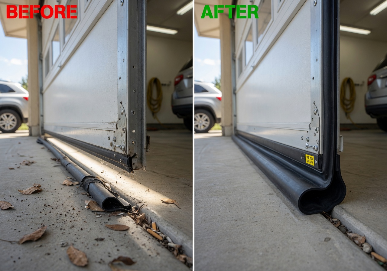 Ultra-realistic 8K image showing before and after comparison of garage door bottom panel with and without proper weather stripping, split screen view, natural daylight