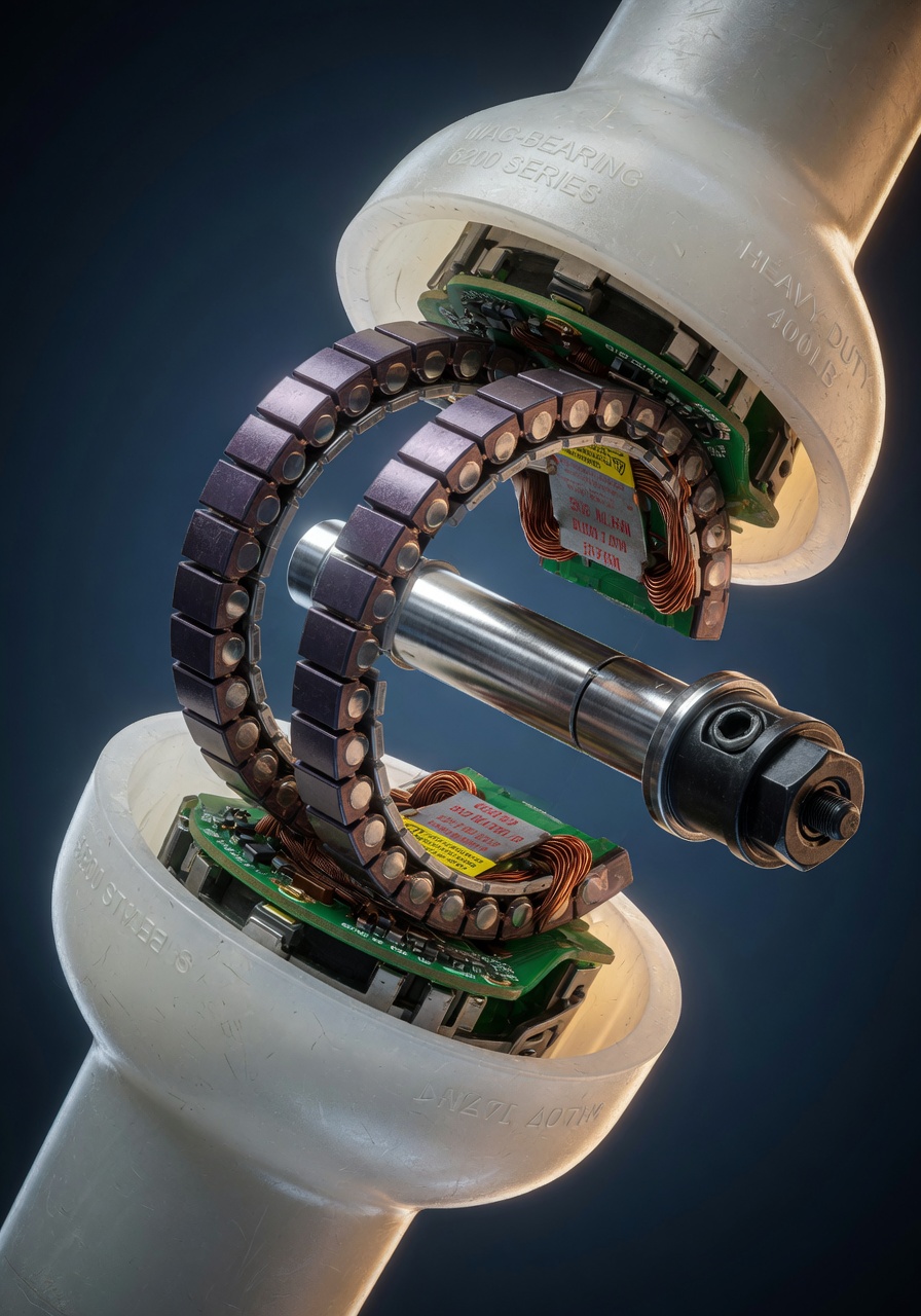 Ultra-realistic 8K close-up of magnetic bearing technology inside a nylon garage door roller, cutaway view showing internal components, technical precision