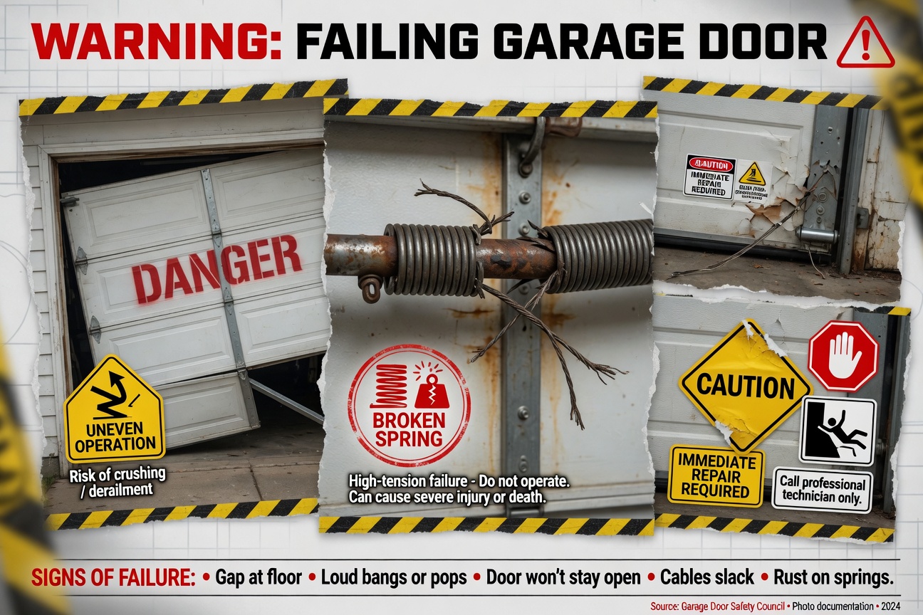 Warning signs collage of failing garage door including uneven door, broken spring, and warning icons, clean infographic style merged with realistic photography, 8K