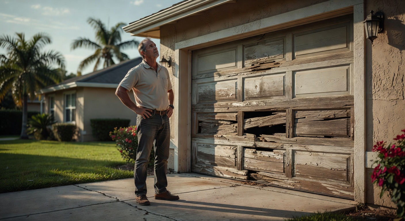 Homeowner looking concerned at a sagging garage door on a suburban Cape Coral house, realistic expression, natural afternoon lighting