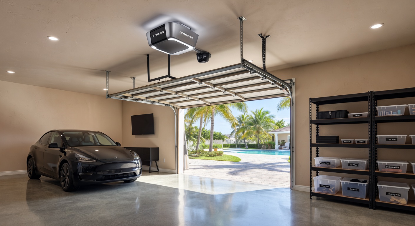 Modern smart garage door opener with LED lighting and camera installed on ceiling of upscale Florida garage, clean and organized, 8K photorealistic