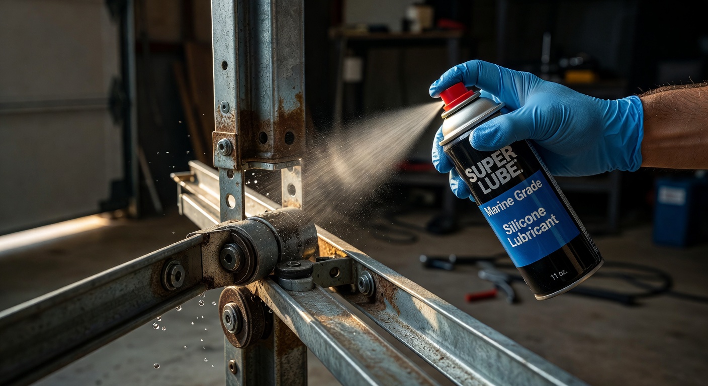 Marine-grade lubricant being applied to garage door rollers and hinges, technician hands in blue gloves, detailed droplets and metal textures, 8K ultra realistic