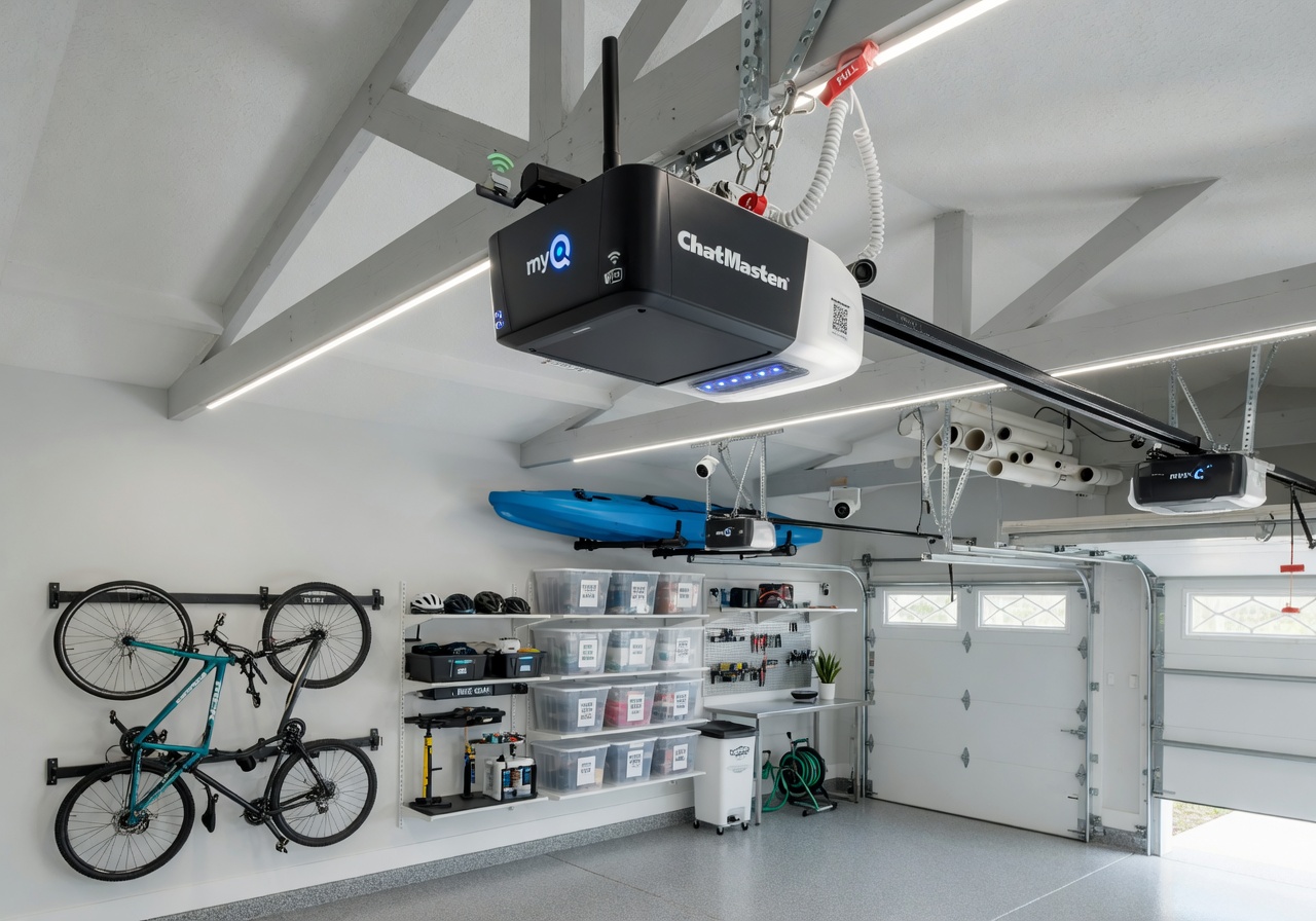 Modern smart garage door opener system installed on ceiling of a Cape Coral garage, clean organized space with bicycles and storage, photorealistic 8K