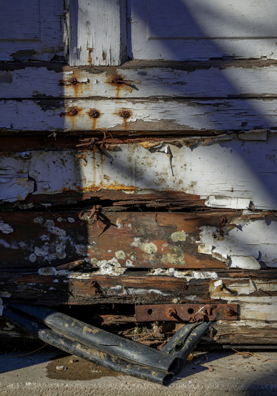 Close-up 8K photograph of rusty and rotting wooden garage door bottom panel caused by water intrusion from failed weather seal, dramatic side lighting