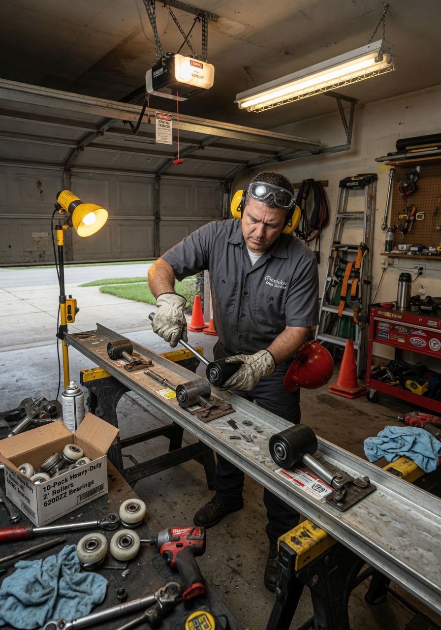 Ultra-realistic 8K image of a professional technician performing garage door rollers replacement, safety equipment, focused expression, detailed workshop lighting