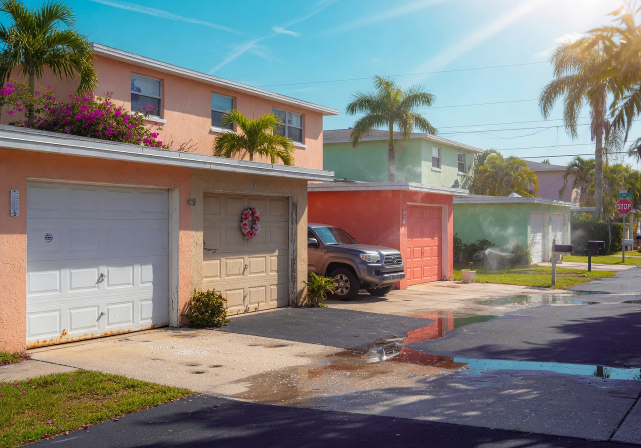 Hot sunny Southwest Florida neighborhood with multiple garage doors, heat haze visible in the air, realistic temperature distortion effects, ultra-detailed 8K